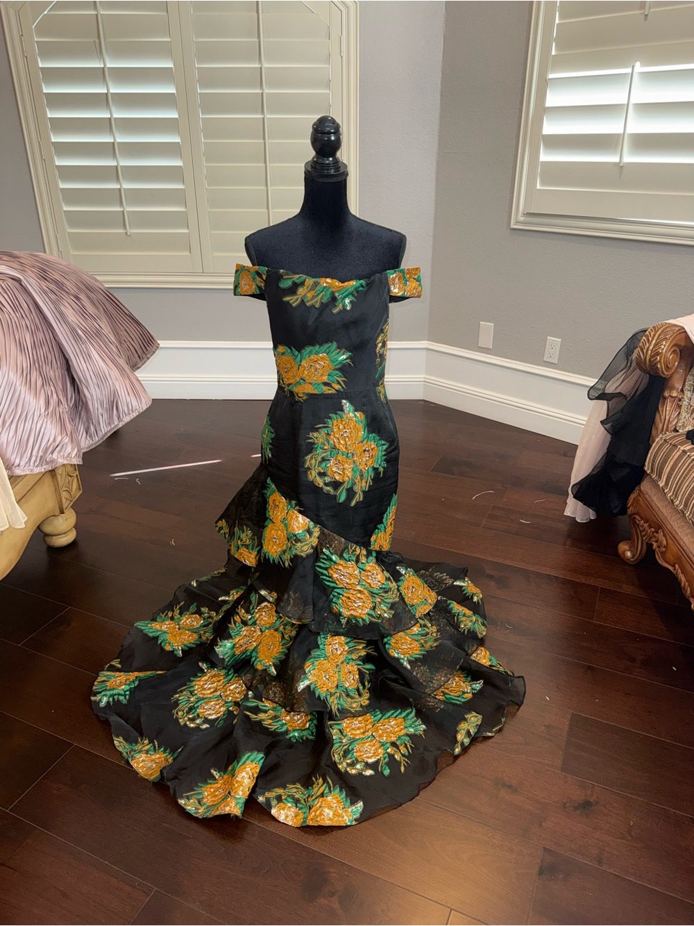 David Meister Black Off-Shoulder Gown with Gold Floral Embroidery